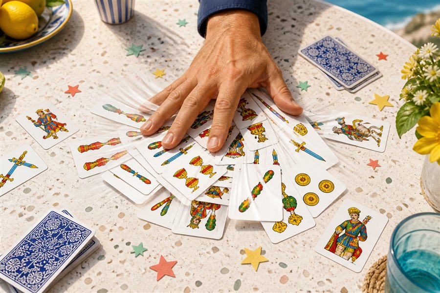 A lively Scopa match with traditional Italian playing cards